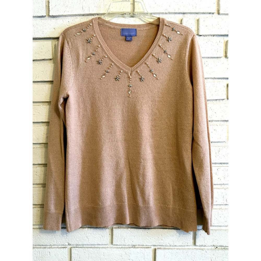 Laura Scott Women's Size Med. Sweater Beaded V-Neck Pullover Long‎ Sleeve NWOT